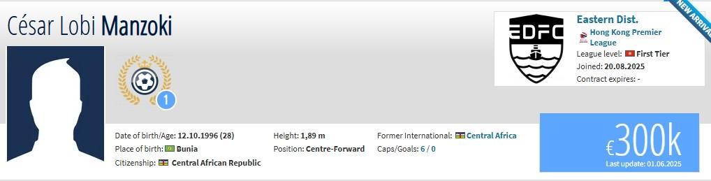 德转：前大连人外援曼佐基自由身加盟港超升班马东区